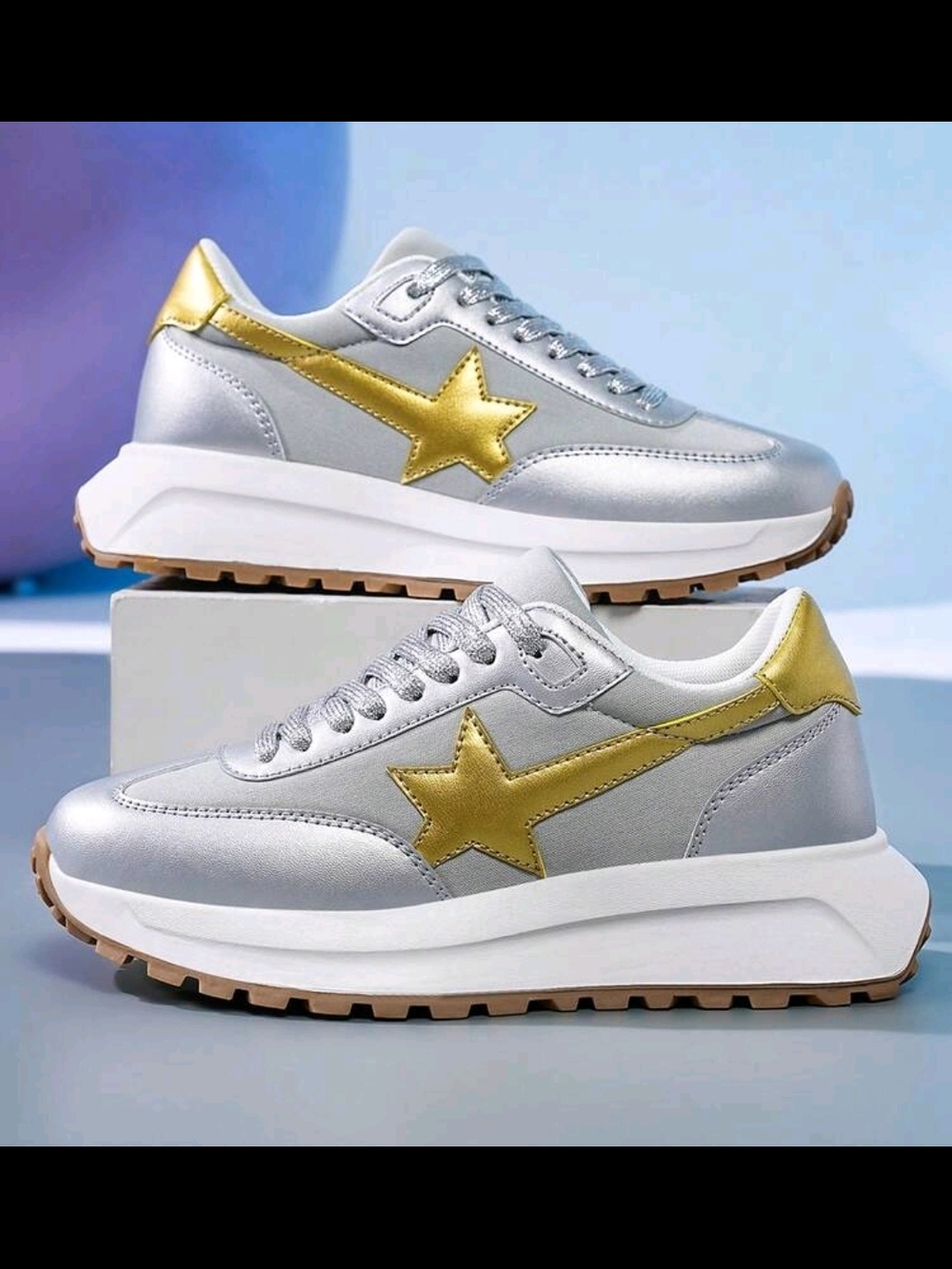 Women's Metallic Silver Sneakers with Gold Star Accent
